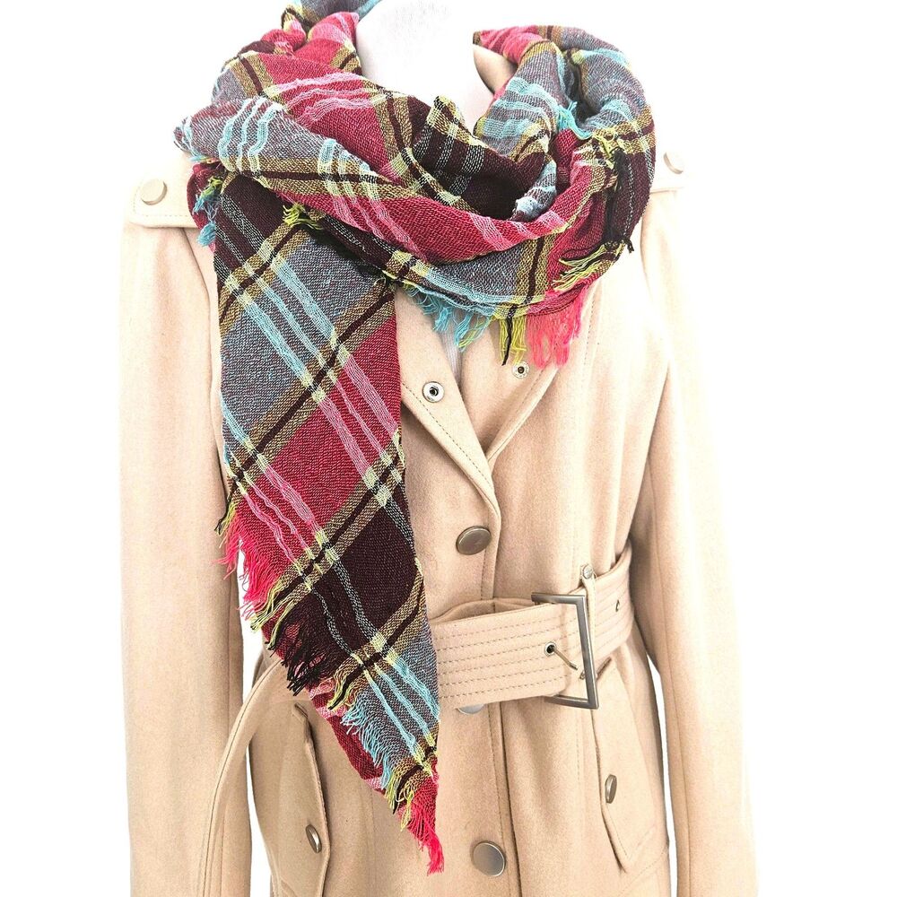 Pink Blue Yellow Burgandy Black Large Plaid Fringe Scarf 52" x 48"